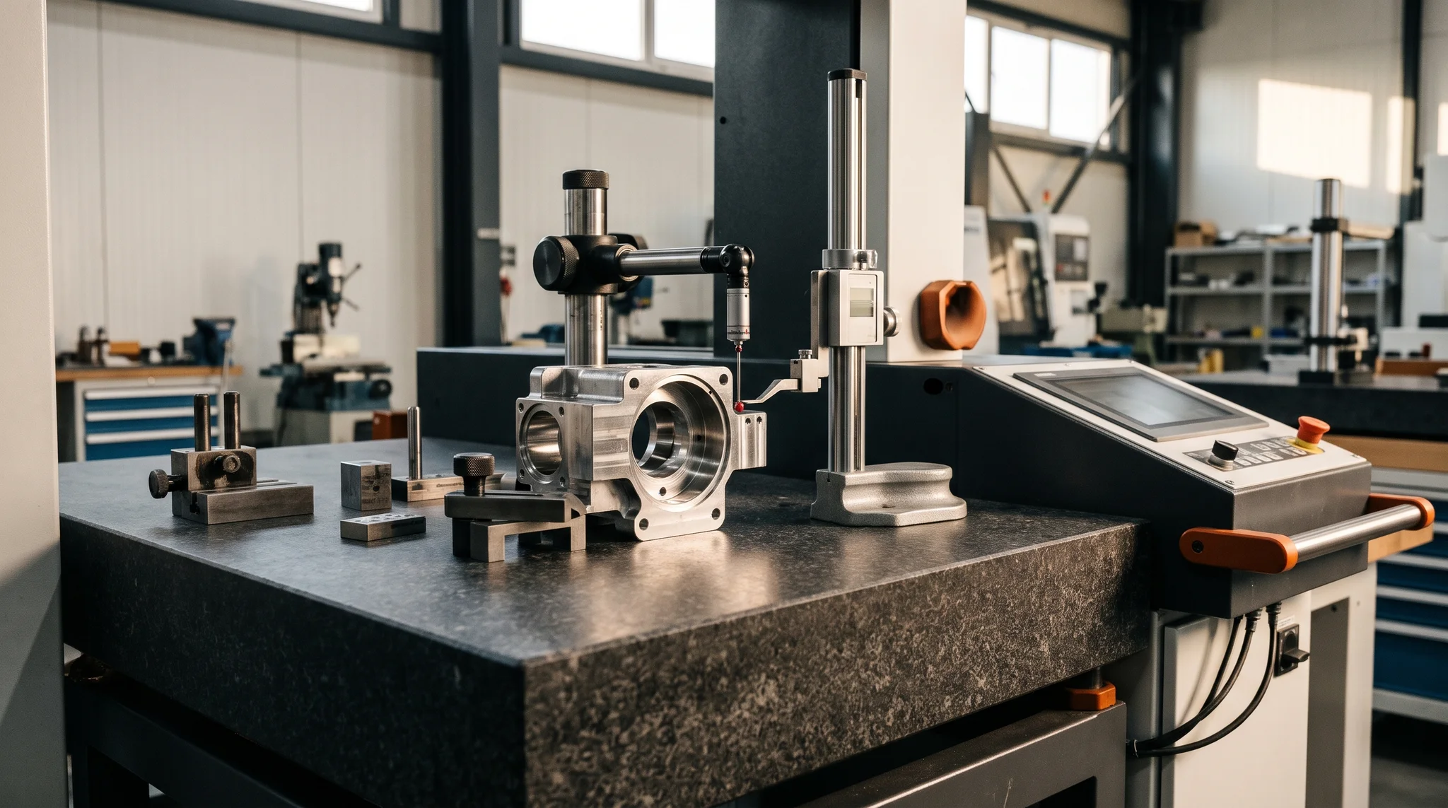 Conceptual dimensional inspection station measuring a machined component