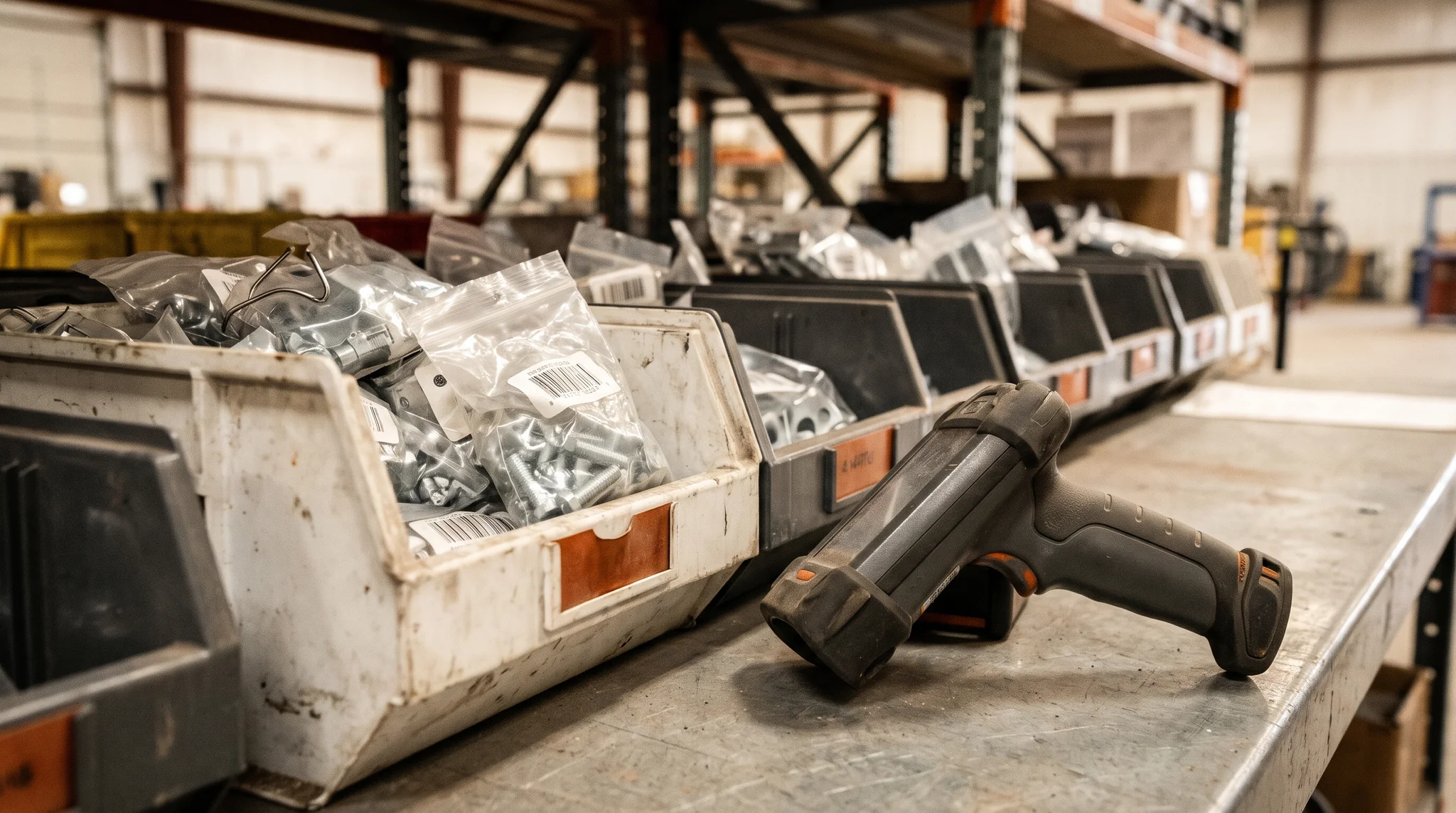 Conceptual inventory count with a handheld scanner beside organized stock bins