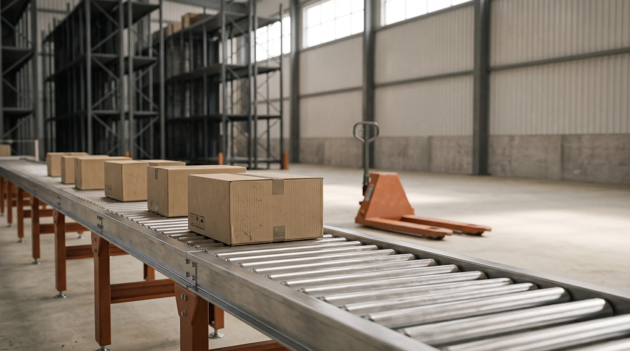 Conceptual warehouse conveyor carrying shipping boxes