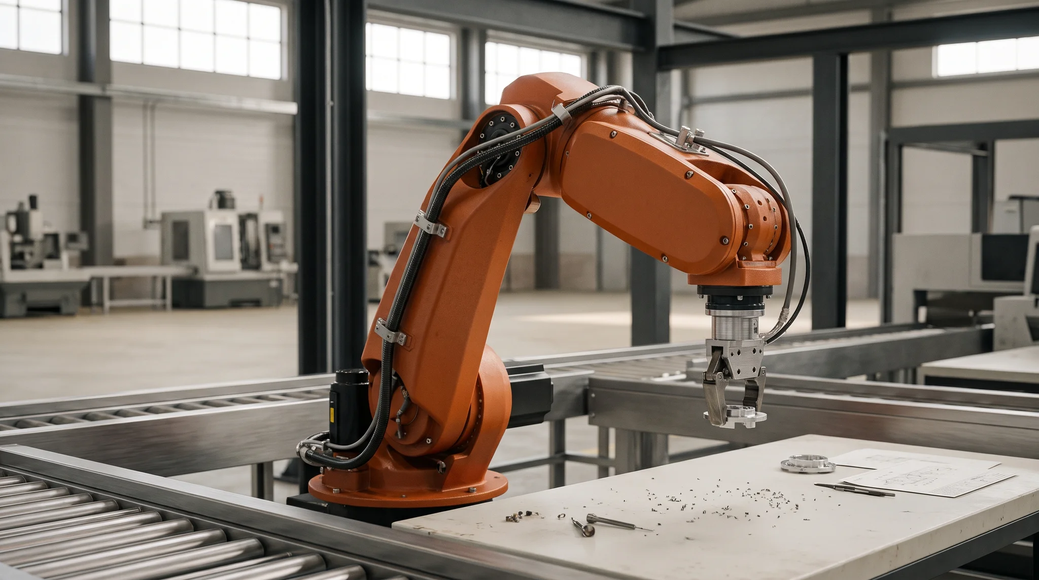 Conceptual industrial workshop with an orange robotic arm and precision metalworking equipment
