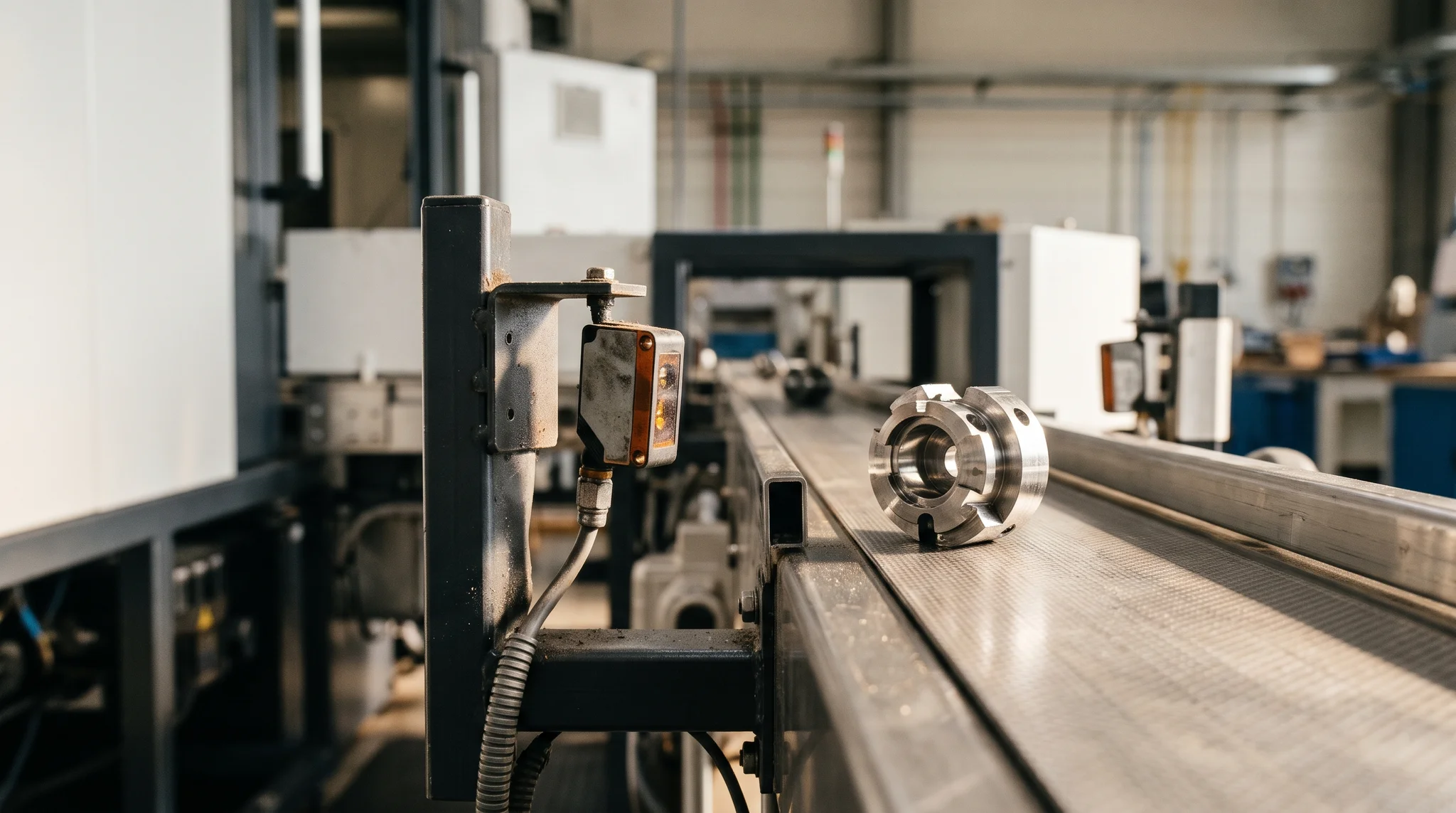 Conceptual industrial sensor watching a component move along a conveyor