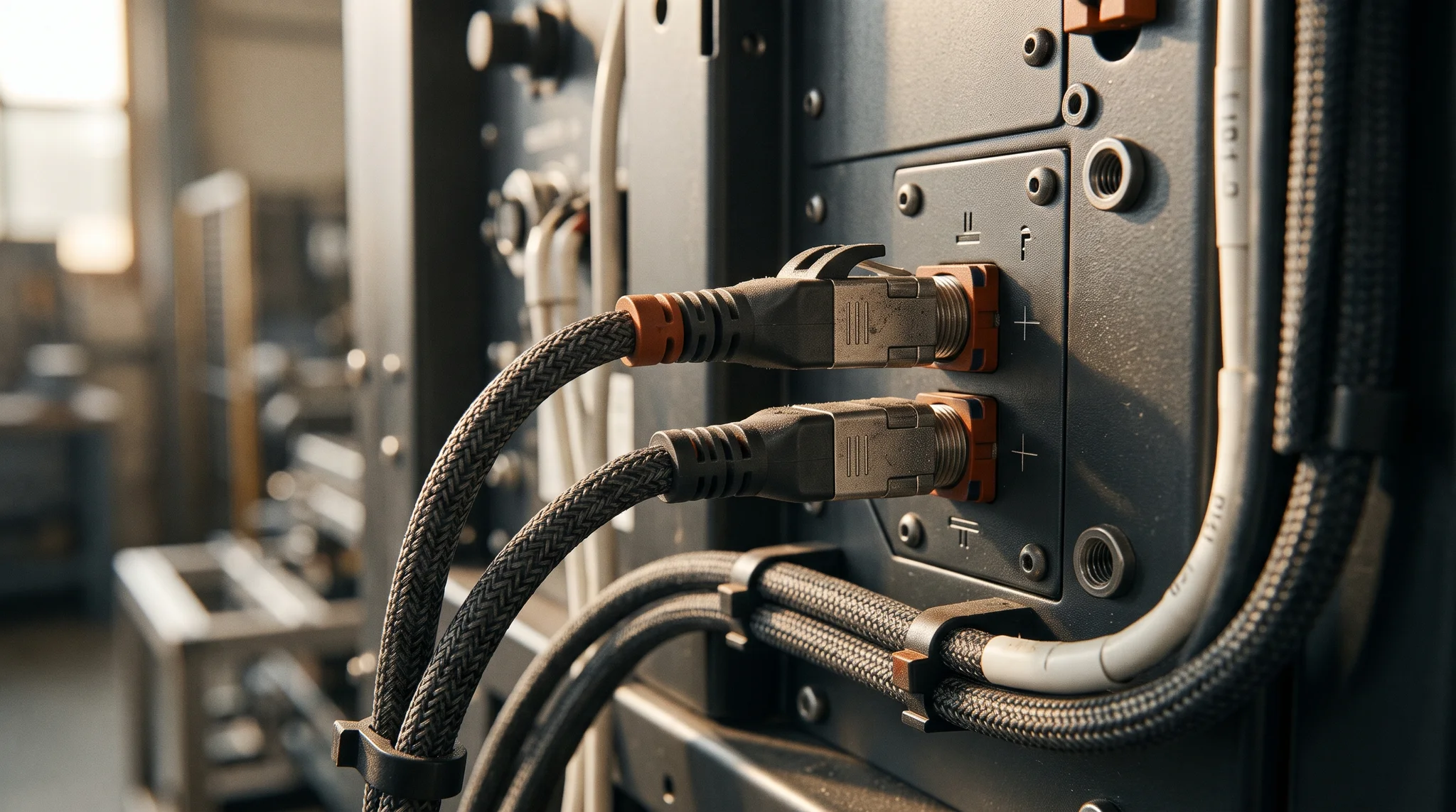 Conceptual close-up of industrial data connectors and braided cables