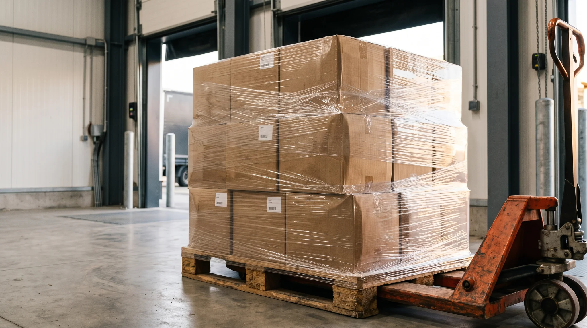 Conceptual pallet of unmarked cartons wrapped and ready for dispatch
