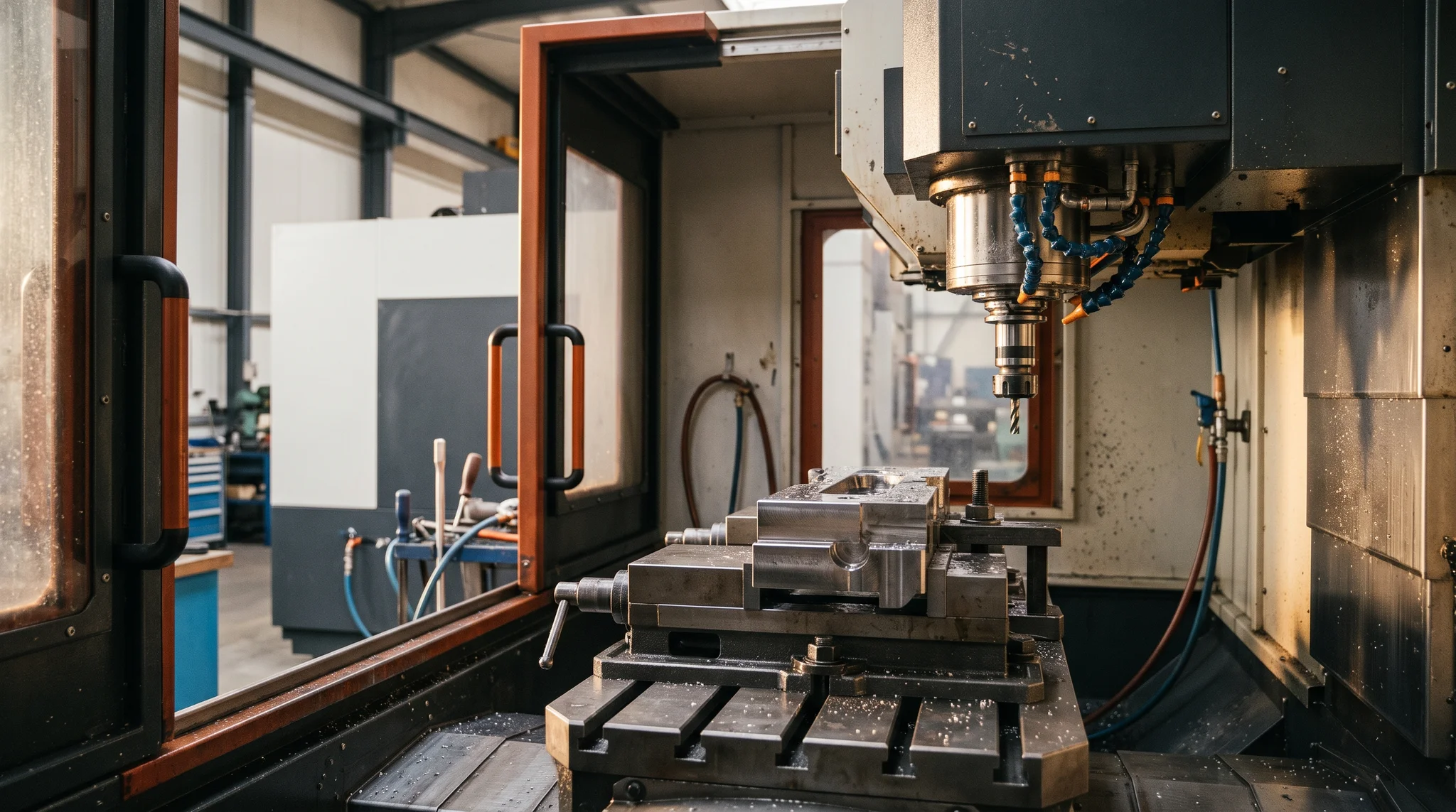 Conceptual CNC milling cell with a precision metal component and rust-orange machine enclosure