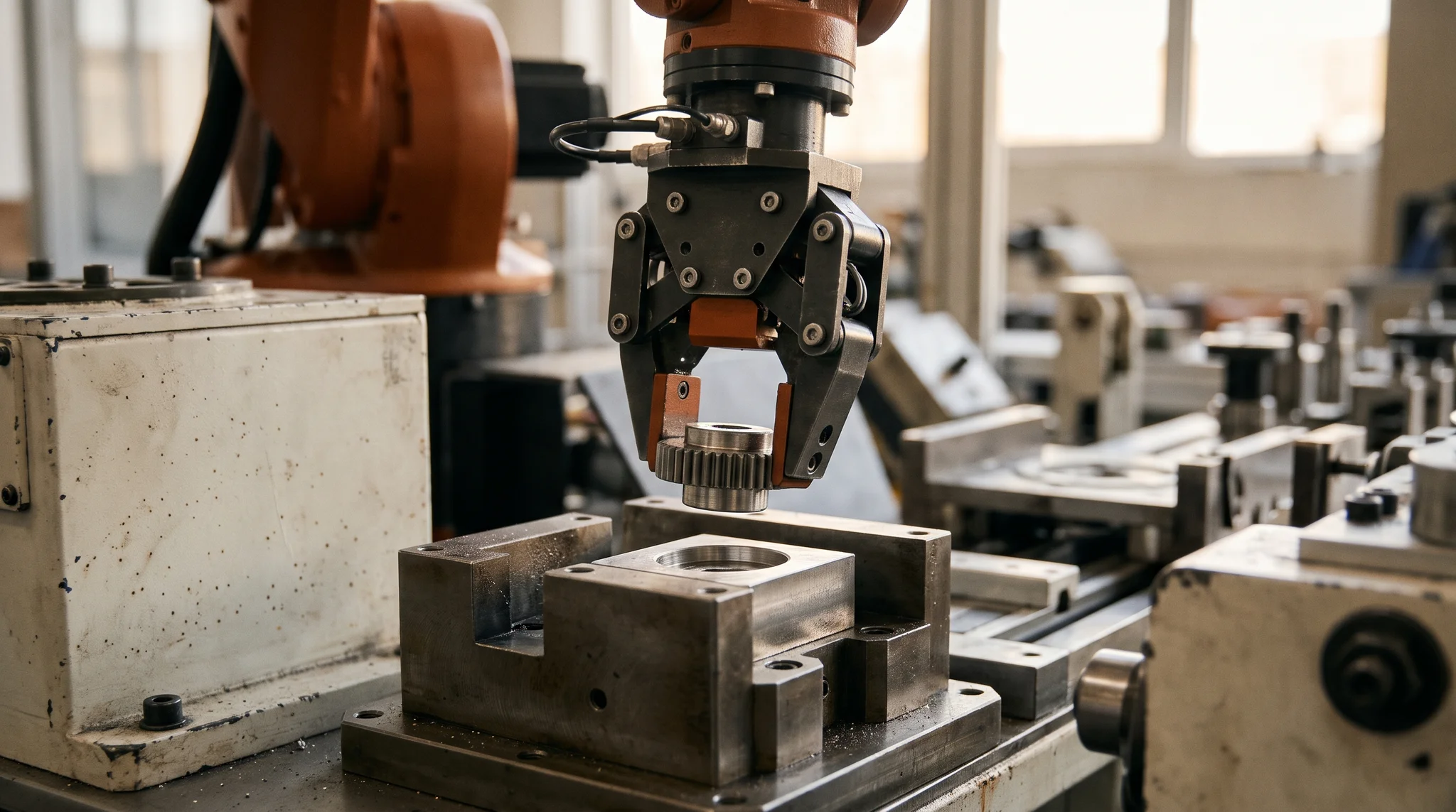 Conceptual robotic gripper lifting a small metal component from a fixture