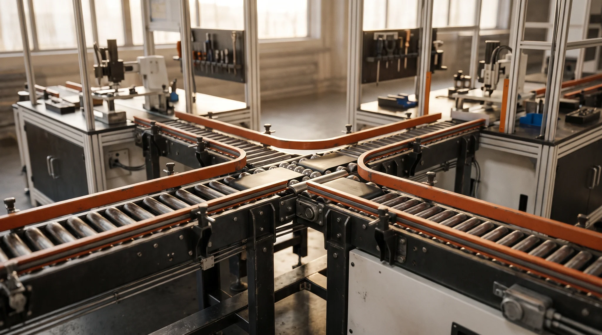Conceptual linked conveyor sections connecting two industrial workstations