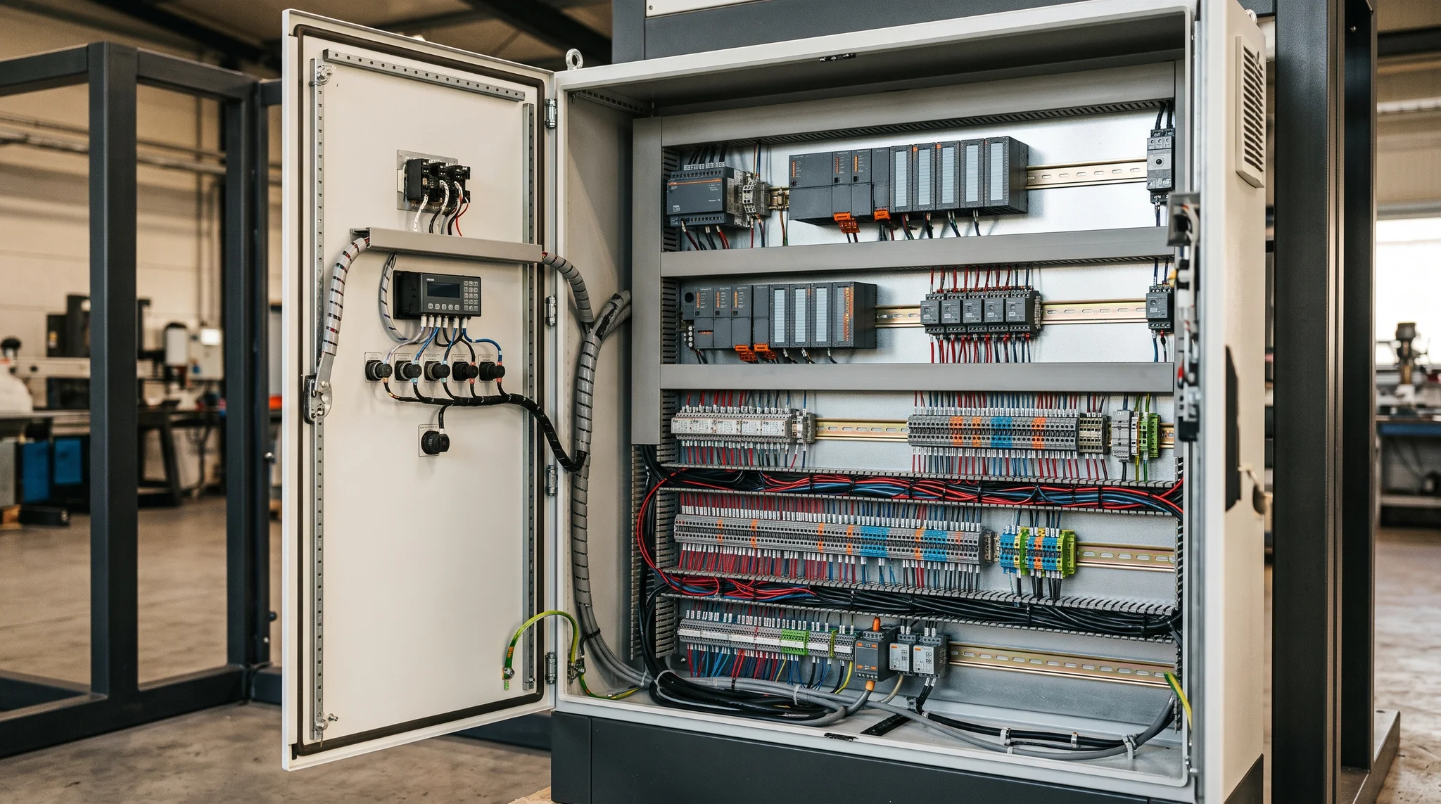 Conceptual industrial control cabinet with neatly routed cables and modular controllers