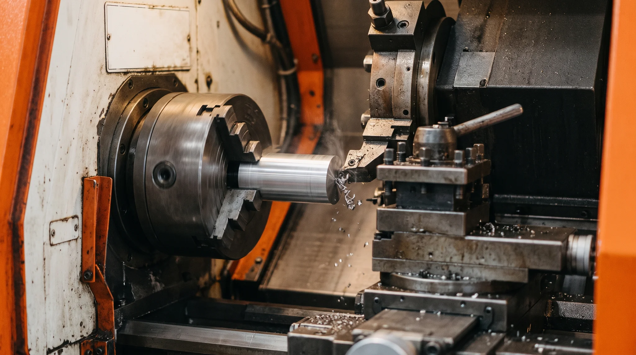 Conceptual CNC lathe shaping a metal cylinder inside an industrial machine